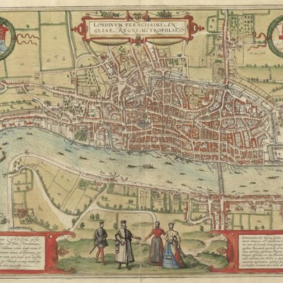 The earliest printed map of London, from Braun and Hogenbergh’s Civitates Orbis Terrarum, drawn in c. 1560 (printed in 1572).