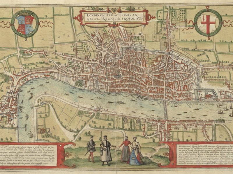 The earliest printed map of London, from Braun and Hogenbergh’s Civitates Orbis Terrarum, drawn in c. 1560 (printed in 1572).