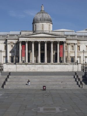 The National Gallery, closed and an empty Trafalgar Square on 24 March 2020. Photo by Dan Kitwood/Getty Images