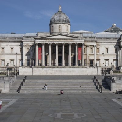 The National Gallery, closed and an empty Trafalgar Square on 24 March 2020. Photo by Dan Kitwood/Getty Images