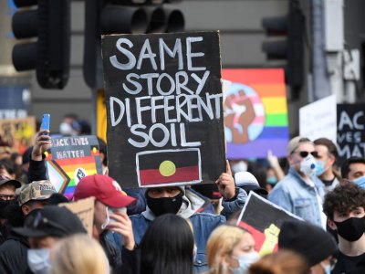 Protesters at a Black Lives Matter rally in Melbourne in June 2020. A number of issues have been raised at recent protests, including the destruction of heritage like the Juukan Gorge sites, the number of Indigenous people who have died in custody over the past three decades, and Australia’s colonial history.