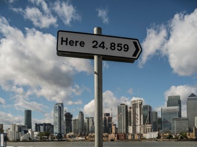 Installation view of Here (2013) by Thomson & Craighead on Greenwich Peninsula.