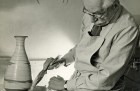 Bernard Leach working at the wheel (detail; 1963).