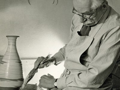 Bernard Leach working at the wheel (detail; 1963).