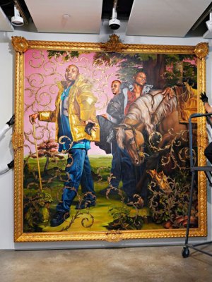 Art handlers preparing Kehinde Wiley’s Le Roi à la Chasse II (2007) to be exhibited ahead of auction at Sotheby’s New York in June 2020.