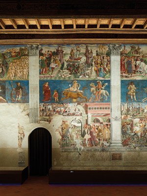 The east wall of the Salone dei Mesi in Palazzo Schifanoia, Ferrara, showing March, April and May, painted by Francesco del Cossa in 1469–70.