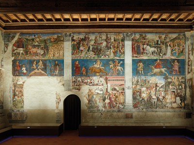 The east wall of the Salone dei Mesi in Palazzo Schifanoia, Ferrara, showing March, April and May, painted by Francesco del Cossa in 1469–70.