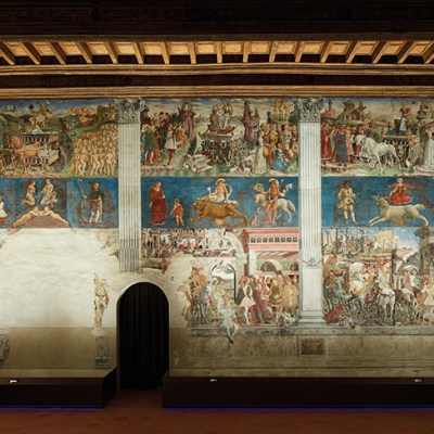 The east wall of the Salone dei Mesi in Palazzo Schifanoia, Ferrara, showing March, April and May, painted by Francesco del Cossa in 1469–70.