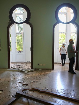 Staff inspect the damage at the Sursock Museum in Beirut on on 5 August 2020, a day after a blast in a warehouse in the port of the Lebanese capital sowed devastation across entire city neighbourhoods, killing more than 100 people, wounding thousands. Photo by Patrick Baz/AFP via Getty Images