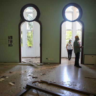 Staff inspect the damage at the Sursock Museum in Beirut on on 5 August 2020, a day after a blast in a warehouse in the port of the Lebanese capital sowed devastation across entire city neighbourhoods, killing more than 100 people, wounding thousands. Photo by Patrick Baz/AFP via Getty Images