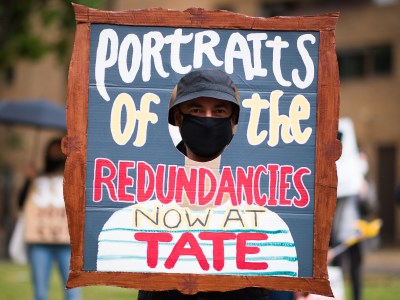 Demonstrators protest outside Tate Modern over proposed job losses on 27 July, 2020.
