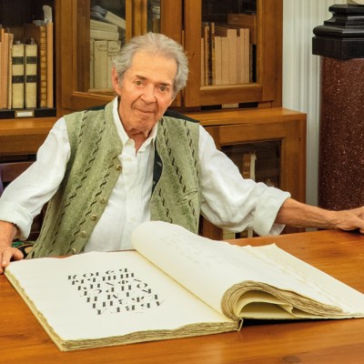 Franco Maria Ricci, photographed in the library of his home near the Labirinto della Masone in Fontanellato, near Parma, in July 2019.