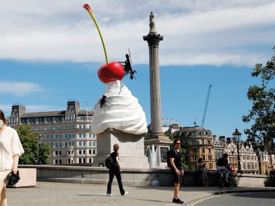 THE END (2020) by Heather Phillipson, installed on the Fourth Plinth in Trafalgar Square, London. Photo: Tolga Akmen/AFP via Getty Images