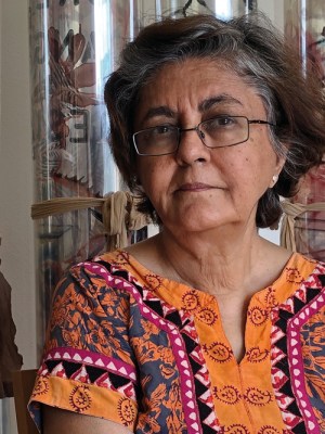 Nalini Malani, photographed at home in Amsterdam in August 2020.