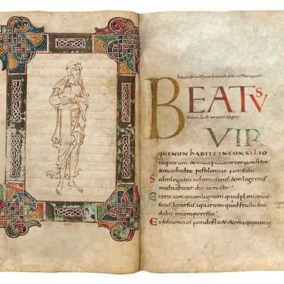 The frontispiece and opening of the MS 411 psalter.