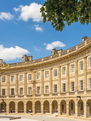 The refurbished exterior of Buxton Crescent, Derbyshire, designed by John Carr of York and built in the 1780s.
