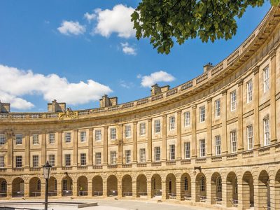 The refurbished exterior of Buxton Crescent, Derbyshire, designed by John Carr of York and built in the 1780s.