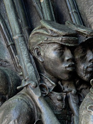 Detail of the Robert Gould Shaw Memorial (1897), Augustus Saint-Gaudens, showing Black soldiers of the 54th Massachusetts Regiment.