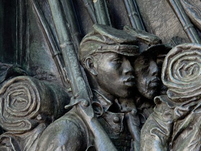 Detail of the Robert Gould Shaw Memorial (1897), Augustus Saint-Gaudens, showing Black soldiers of the 54th Massachusetts Regiment.