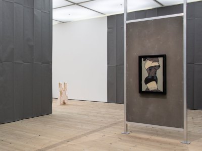 Installation view of ‘The Making of Husbands: Christina Ramberg in Dialogue’ at BALTIC Centre for Contemporary Art, Gateshead, 2020. On the right is Ramberg’s Black Widow (1971).