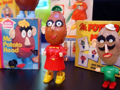 Classic Mr. Potato Heads displayed at a 50th birthday party for the popular childrens toy at Hasbros showroom in New York City on 5 February, 2002.