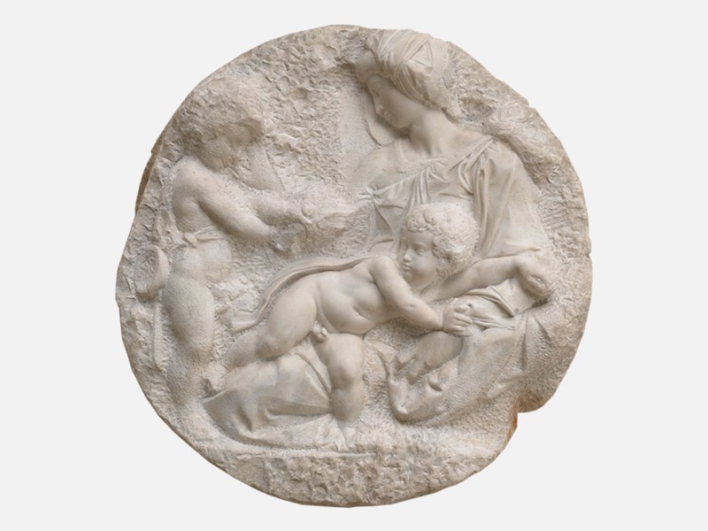 The Virgin and Child with the Infant St John , known as the Taddei Tondo (c. 1504–05), Michelangelo Buonarroti. Royal Academy of Arts, London.