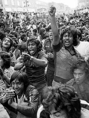 Anti-racism sit-down protest, Bethnal Green, London, 1978.