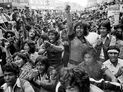 Anti-racism sit-down protest, Bethnal Green, London, 1978.