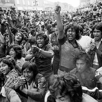 Anti-racism sit-down protest, Bethnal Green, London, 1978.
