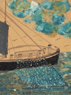 Ship with seven men, net and gull (n.d.), Alfred Wallis.