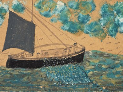 Ship with seven men, net and gull (n.d.), Alfred Wallis.