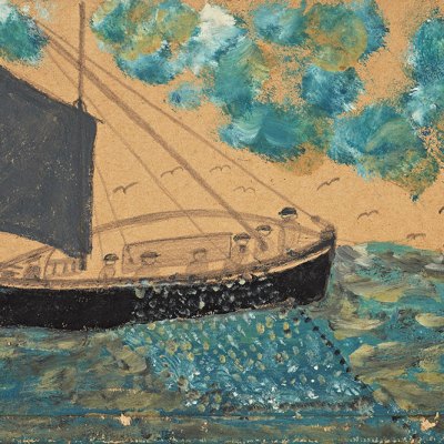 Ship with seven men, net and gull (n.d.), Alfred Wallis.