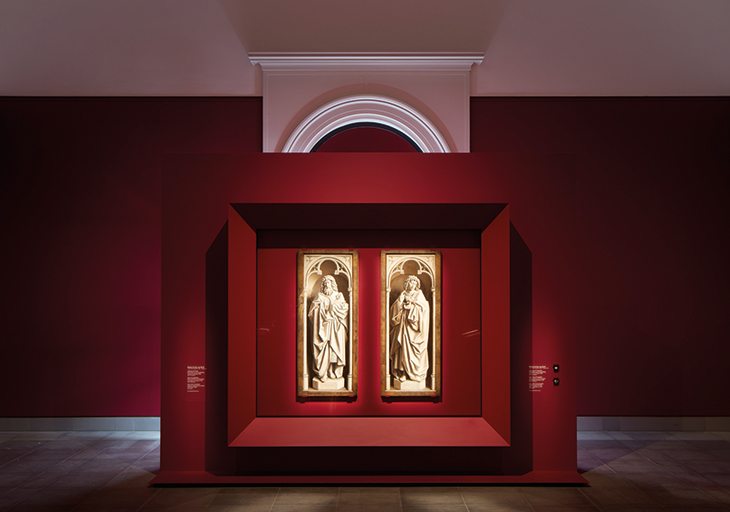 Installation view showing St John the Baptist and the Evangelist from the Ghent Altarpiece (1432) by Jan and Hubert van Eyck, MSK Ghent, 2020.