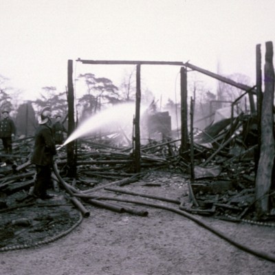 The Refreshment Pavilion at Kew Gardens after it was burned down by suffragettes in February 1913.