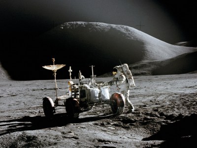 The Lunar Roving Vehicle and James B. Irwin on the surface of the Moon on 31 July 1971 during the Apollo 15 mission (photograph: David R. Scott)