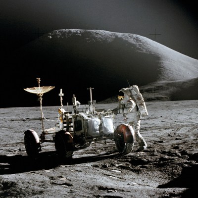 The Lunar Roving Vehicle and James B. Irwin on the surface of the Moon on 31 July 1971 during the Apollo 15 mission (photograph: David R. Scott)