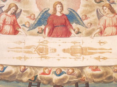 The Holy Shroud (detail; c. 1540), attrib. here to Giulio Clovio. Galleria Sabauda, Turin