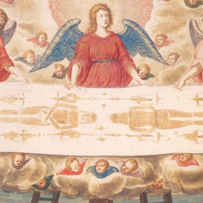 The Holy Shroud (detail; c. 1540), attrib. here to Giulio Clovio. Galleria Sabauda, Turin