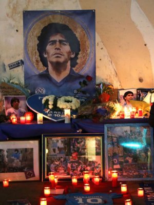 An altar to Diego Maradona set up in the Quartieri Spagnoli of Naples after the footballer’s death on 25 November 2020.