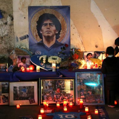 An altar to Diego Maradona set up in the Quartieri Spagnoli of Naples after the footballer’s death on 25 November 2020.