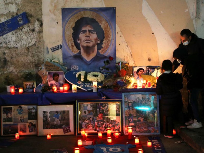 An altar to Diego Maradona set up in the Quartieri Spagnoli of Naples after the footballer’s death on 25 November 2020.