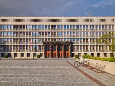 The National Assembly Building (Parliament) in Ljubljana.