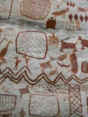 Rock art at the Cerro Azul hill in Serranía La Lindosa, in the Guaviare region of Colombia.