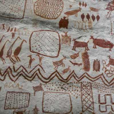 Rock art at the Cerro Azul hill in Serranía La Lindosa, in the Guaviare region of Colombia.