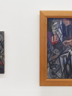 Installation view of 'Russian Avant-Garde at the Museum Ludwig: Original and Fake – Questions, Research, Explanations', with works by or previously attributed to Olga Rozanowa shown side by side.
