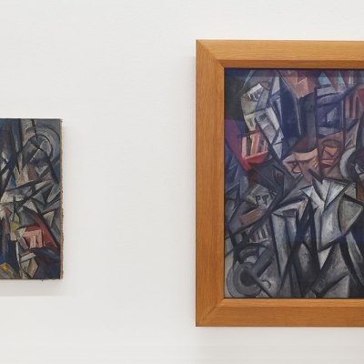 Installation view of 'Russian Avant-Garde at the Museum Ludwig: Original and Fake – Questions, Research, Explanations', with works by or previously attributed to Olga Rozanowa shown side by side.
