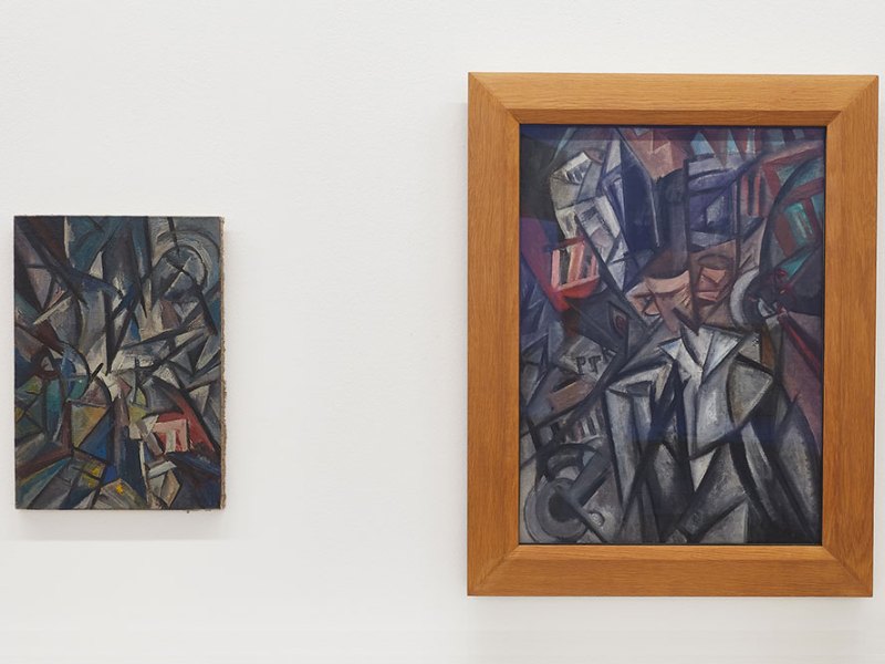 Installation view of 'Russian Avant-Garde at the Museum Ludwig: Original and Fake – Questions, Research, Explanations', with works by or previously attributed to Olga Rozanowa shown side by side.