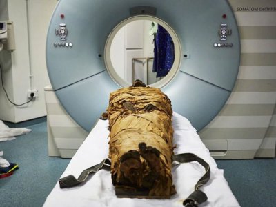 An ancient Egyptian mummy, Nesyamun, laid on the couch to be CT scanned at Leeds General Infirmary.