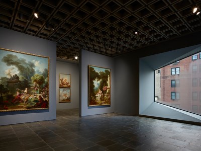Four panels of Fragonard’s series The Progress of Love on the fourth floor of the Frick Madison.