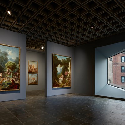 Four panels of Fragonard’s series The Progress of Love on the fourth floor of the Frick Madison.